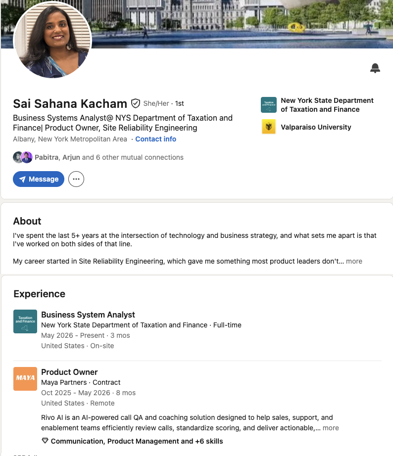 Sai Sahana's LinkedIn profile showing her transition to Business Systems Analyst at NYS Department of Taxation and Finance